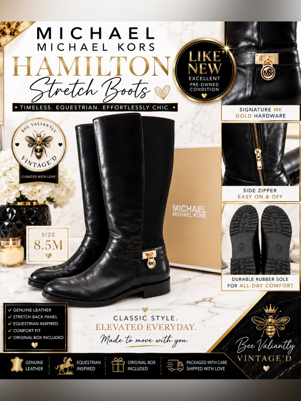 Michael Kors Hamilton Stretch Leather Riding Boots Black Gold 8.5 EUC